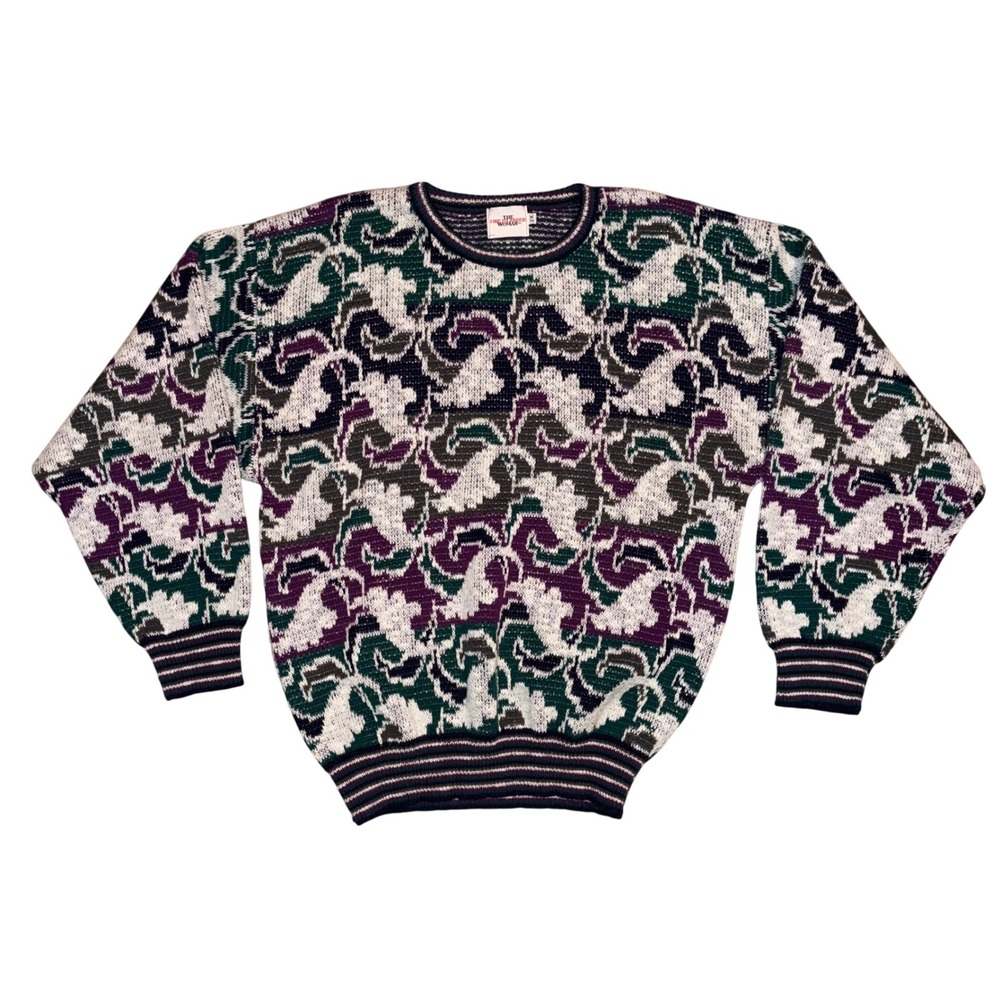 Fire Islander Woman Vintage Abstract Knit Sweater Purple Green Crewneck 2X